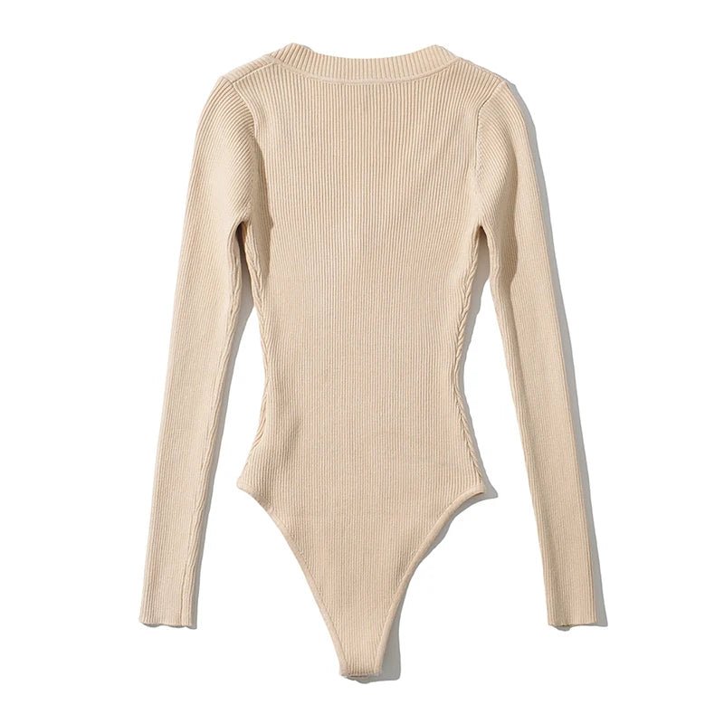 V-Neck Long Sleeves Knit Bodysuit - Kelly Obi New York