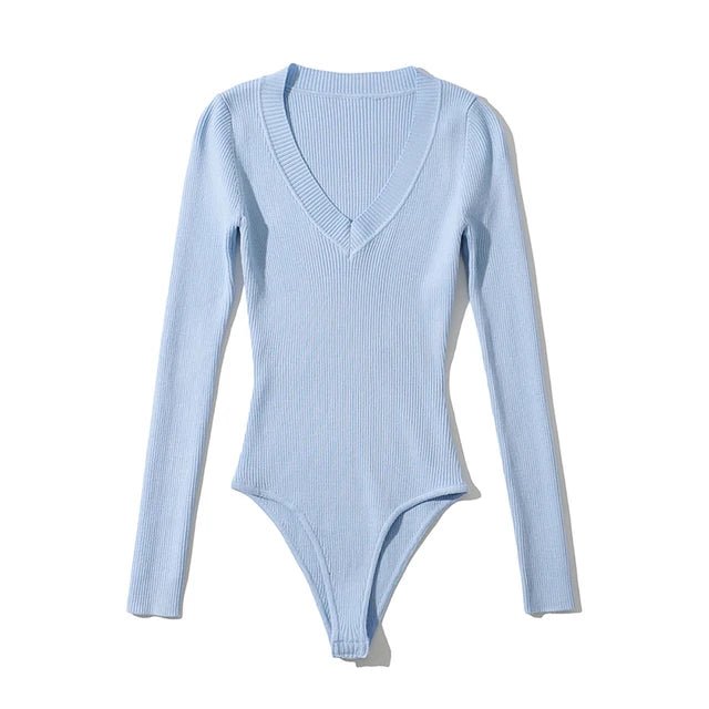 V-Neck Long Sleeves Knit Bodysuit - Kelly Obi New York