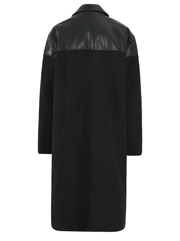 Vegan Leather Spliced Woolen Coat - Kelly Obi New York