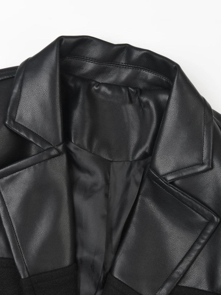 Vegan Leather Spliced Woolen Coat - Kelly Obi New York