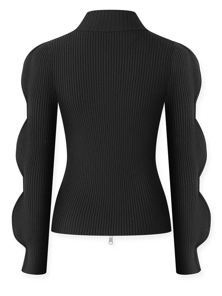 Wavy Sleeves Turtleneck Zip-Up Sweater - Kelly Obi New York