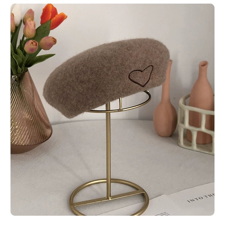 Wool Embroidered Heart Dome Beret - Kelly Obi New York