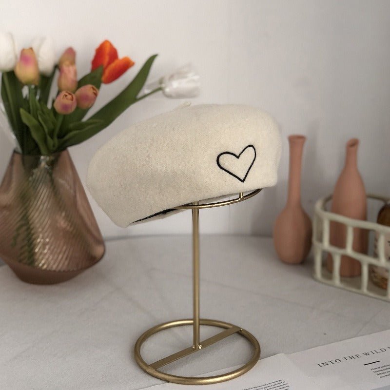 Wool Embroidered Heart Dome Beret - Kelly Obi New York